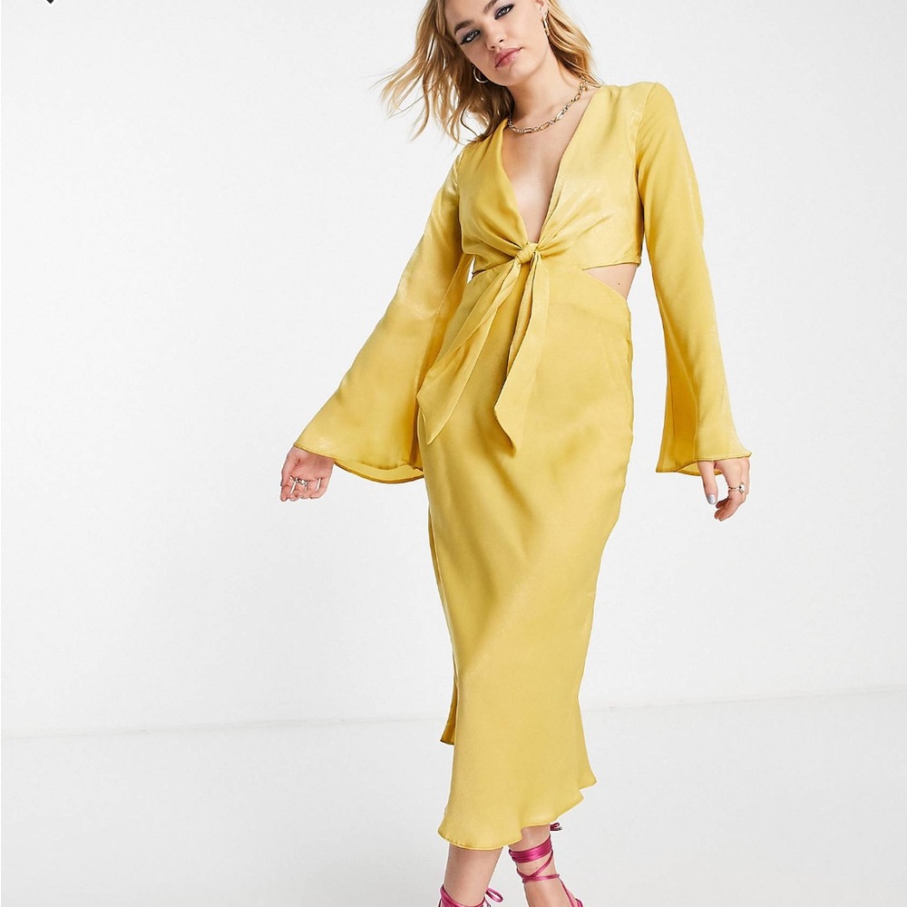 tie front satin midi dress with flared sleeve